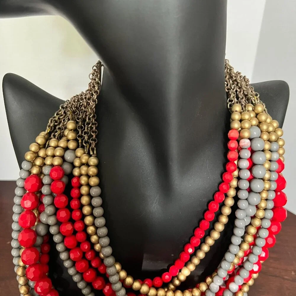 Red,‎ Gray & Gold Bed Multi-Strand Statement Necklace (BEAUTIFUL!)